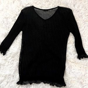 Sheer Black Women’s V-Neck Top with 3/4 length Sleeves with Lettuce Detail